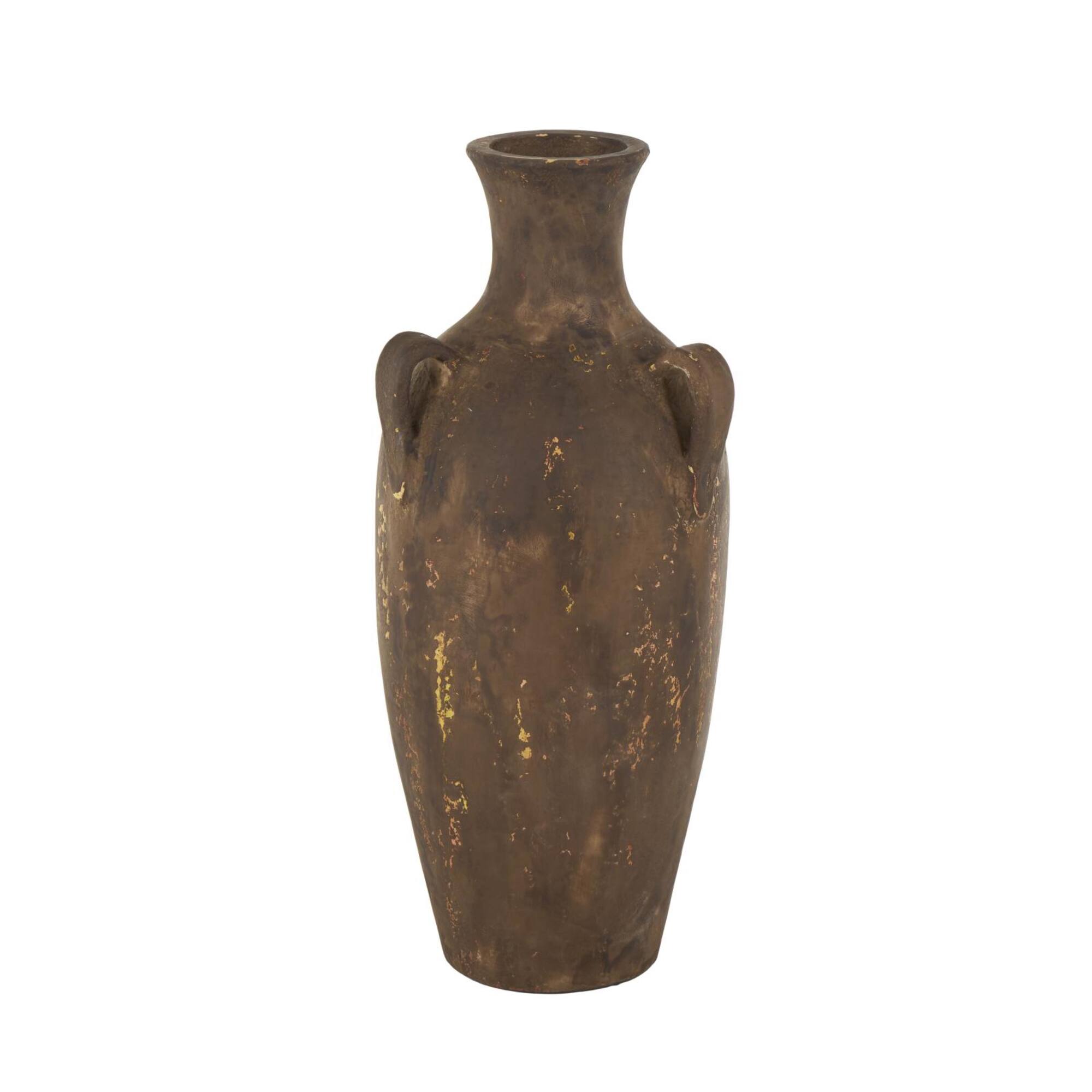 24.5" Dark Brown Ceramic Antique Style Distressed Decorative Vase with Handles